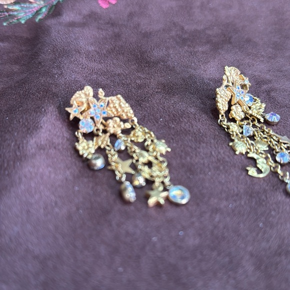 Kirks Folly Long Gold Charm earrings W/Aurora Borealis Crystal moon & star - Picture 2 of 9